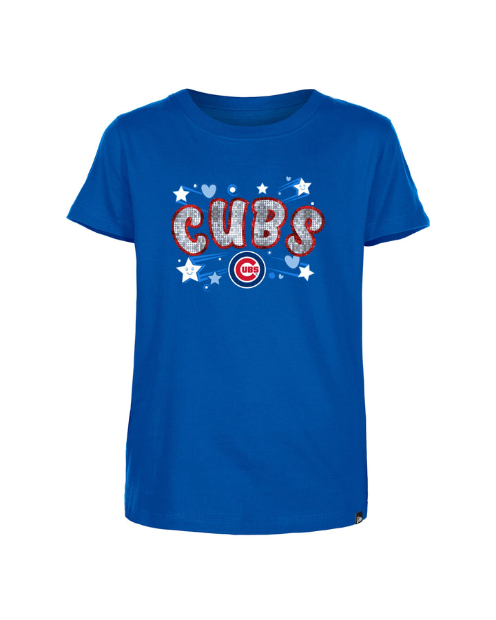 Chicago Cubs Girls Sequin Script Crop Royal Youth Tee by New Era Kids T-Shirt Ivy Shop