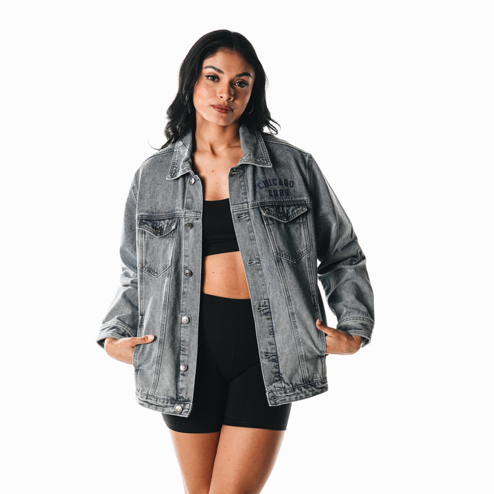 Chicago Cubs Walking Bear Women's Oversized Denim Jacket by The Wild Collective Jackets & Outerwear THE WILD COLLECTIVE