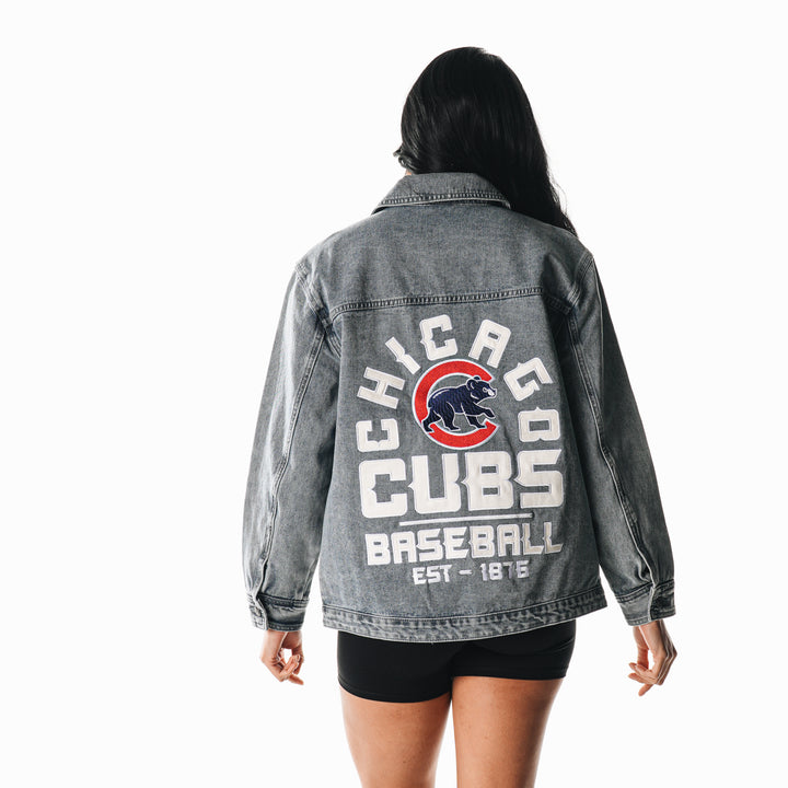 Chicago Cubs Walking Bear Women's Oversized Denim Jacket by The Wild Collective Jackets & Outerwear THE WILD COLLECTIVE
