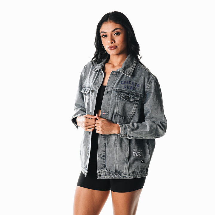 Chicago Cubs Walking Bear Women's Oversized Denim Jacket by The Wild Collective Jackets & Outerwear THE WILD COLLECTIVE