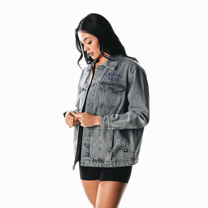 Chicago Cubs Walking Bear Women's Oversized Denim Jacket by The Wild Collective Jackets & Outerwear THE WILD COLLECTIVE