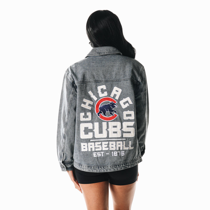 Chicago Cubs Walking Bear Women's Oversized Denim Jacket by The Wild Collective Jackets & Outerwear THE WILD COLLECTIVE