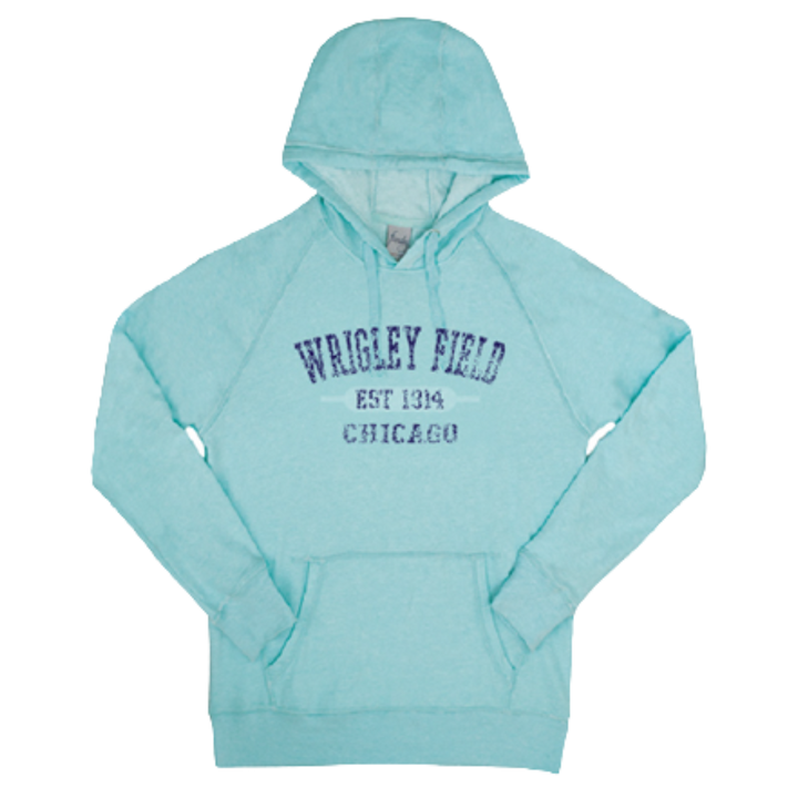 WRIGLEY FIELD AQUA DISTRESSED LETTERING HOODIE Sweatshirts & Hoodies FUNDY