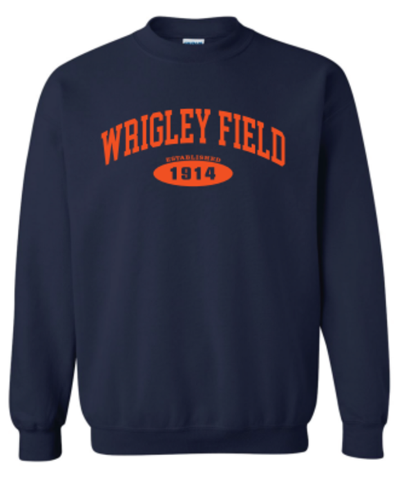 Wrigley Field 1914 Navy and Orange Crewneck Sweatshirt Sweatshirts & Hoodies ART FLO SHIRT & LETTERING