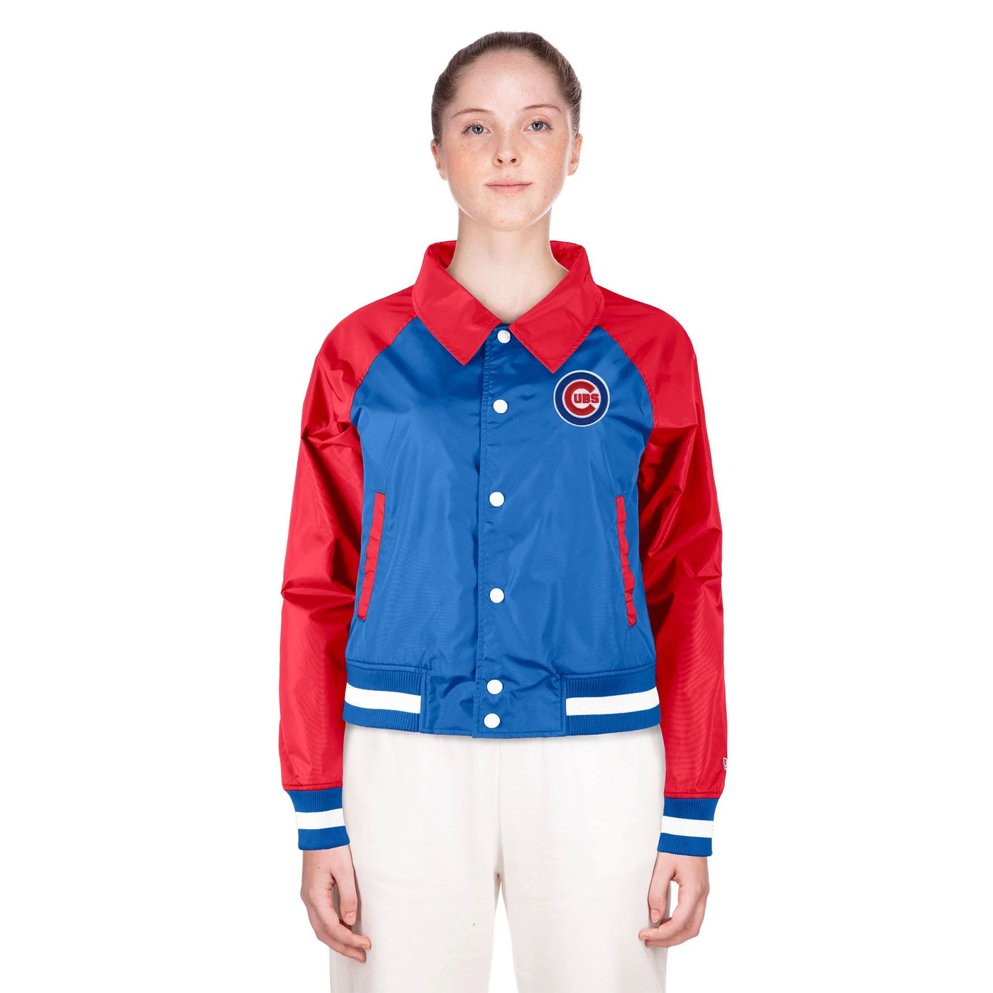 CHICAGO CUBS NEW ERA WOMEN'S RED AND BLUE COACH JACKET