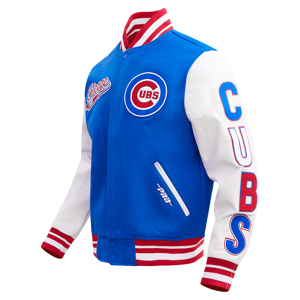 Chicago Cubs Script Wool Varsity Jacket in Royal and Red by Pro Standard Jackets PRO STANDARD