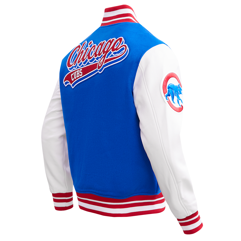 Chicago Cubs Script Wool Varsity Jacket in Royal and Red by Pro Standard Jackets PRO STANDARD